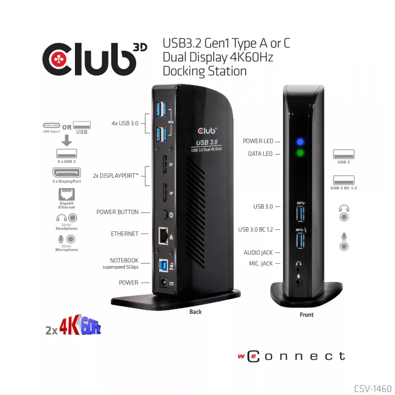 CLUB3D docking station USB3.2 Gen1 tipo A o C Dual Display 4K60Hz certificata DisplayLink®