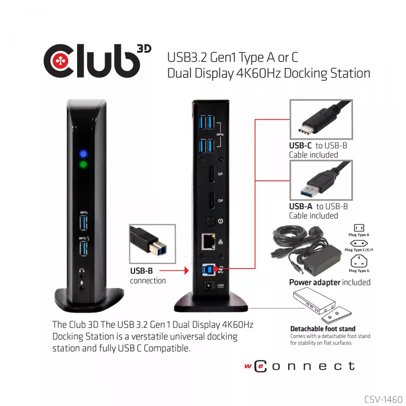 CLUB3D docking station USB3.2 Gen1 tipo A o C Dual Display 4K60Hz certificata DisplayLink®