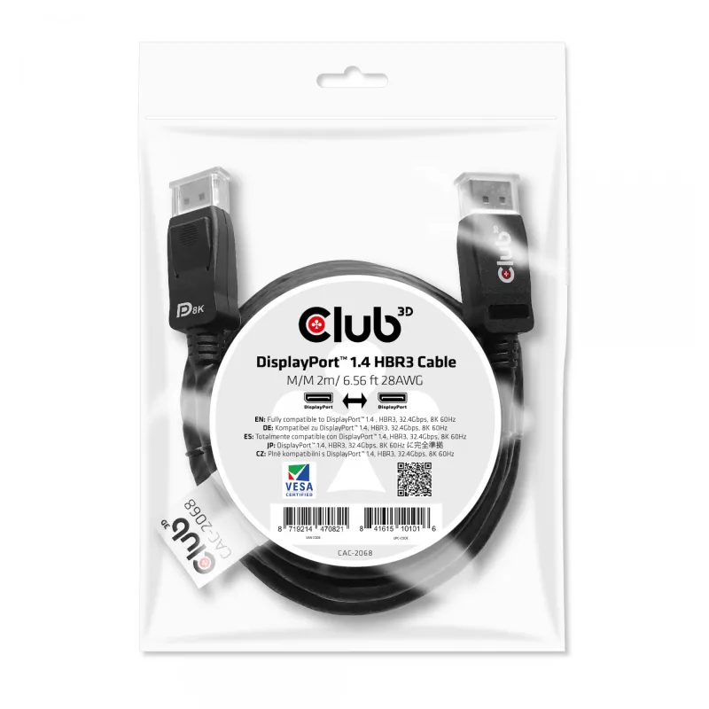Club 3D CAC-2068 cavo DisplayPort 1.4, HBR3, 32,4 Gbps, 8K60Hz, M/M, 2 m, nero