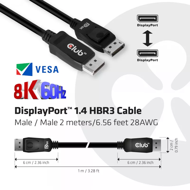 Club 3D CAC-2068 cavo DisplayPort 1.4, HBR3, 32,4 Gbps, 8K60Hz, M/M, 2 m, nero