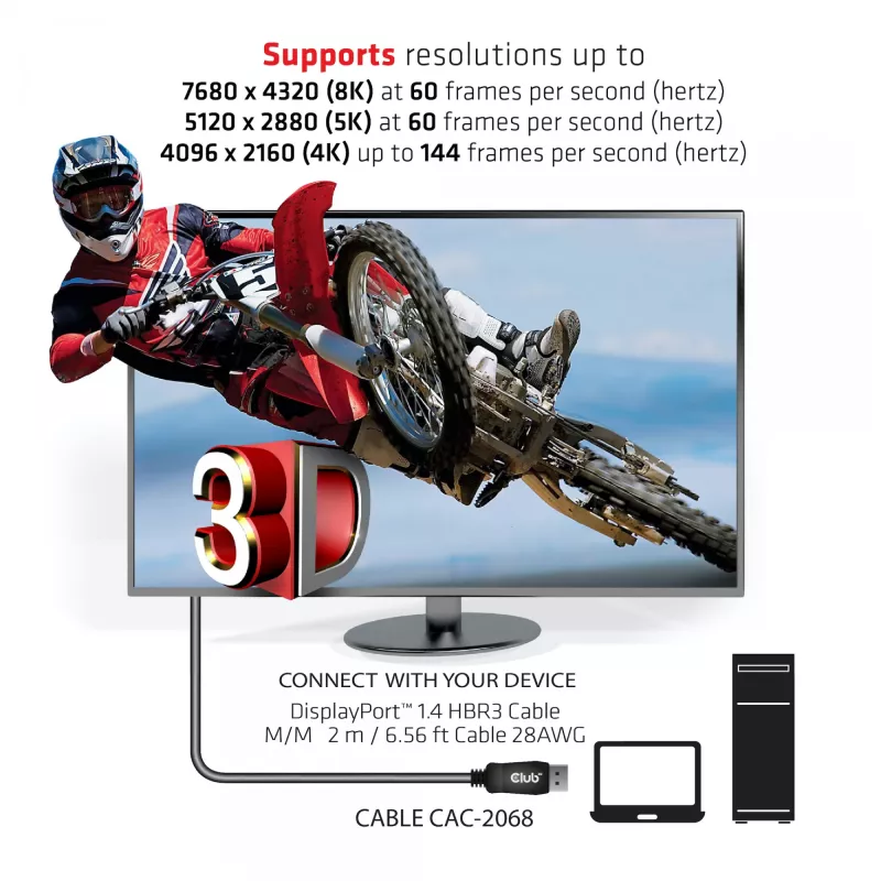 Club 3D CAC-2068 cavo DisplayPort 1.4, HBR3, 32,4 Gbps, 8K60Hz, M/M, 2 m, nero