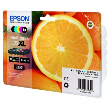 Epson Oranges multipack 5 colori 33XL Claria Premium inchiostro, alta capacità (XL), nero, nero foto, ciano, magenta, giallo, inchiostro pigmentato, inchiostro a base di colorante, 12.2 ml, 8.9 ml