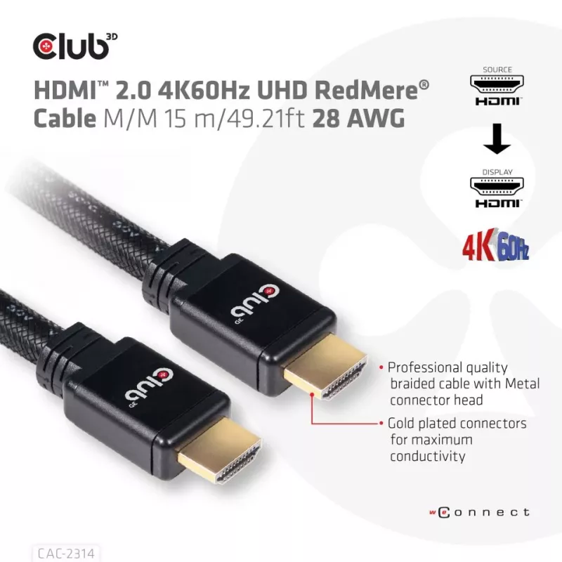 CLUB3D Cavo HDMI 2.0 4K60Hz RedMere 15m/49,2ft