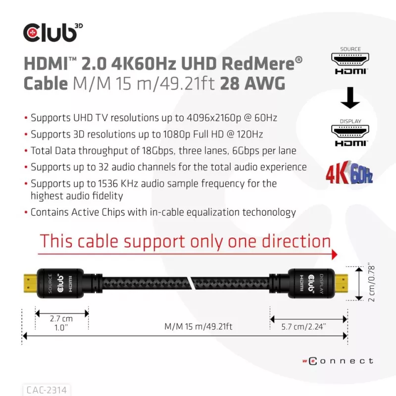 CLUB3D Cavo HDMI 2.0 4K60Hz RedMere 15m/49,2ft