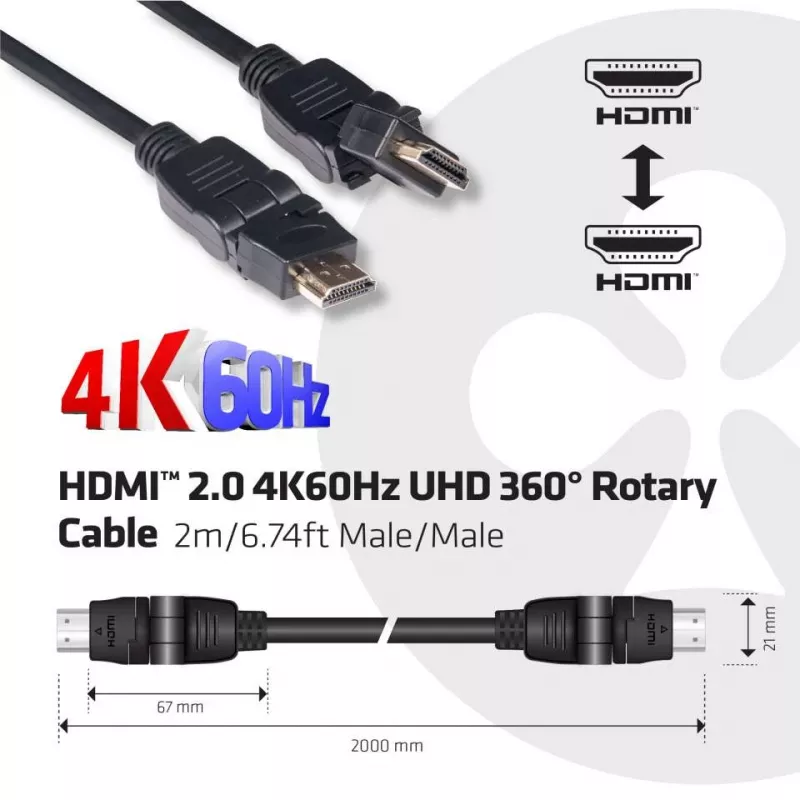 Club 3D CAC-1360 cavo HDMI 2.0 con Ethernet, rotante a 360°, 4K60Hz UHD, M/M, 2 m, nero
