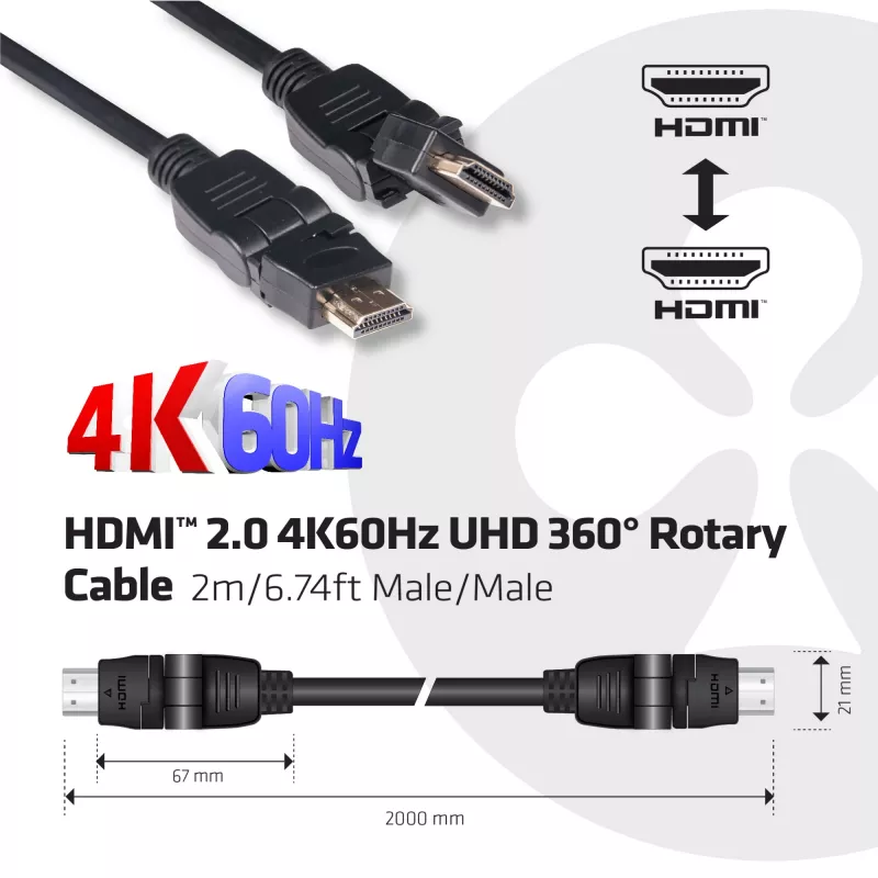 Club 3D CAC-1360 cavo HDMI 2.0 con Ethernet, rotante a 360°, 4K60Hz UHD, M/M, 2 m, nero