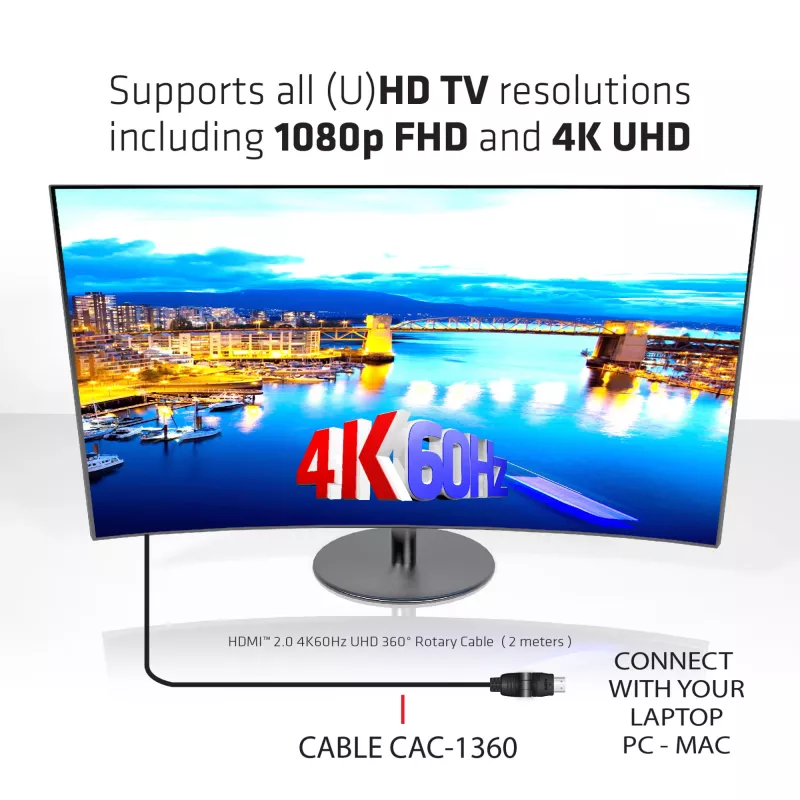 Club 3D CAC-1360 cavo HDMI 2.0 con Ethernet, rotante a 360°, 4K60Hz UHD, M/M, 2 m, nero