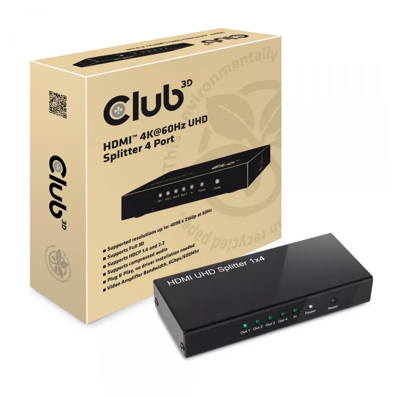 CLUB3D HDMI™ 4K@60Hz UHD Splitter AC Power 4 Porte