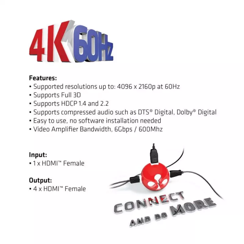 CLUB3D HDMI™ 4K@60Hz UHD Splitter AC Power 4 Porte