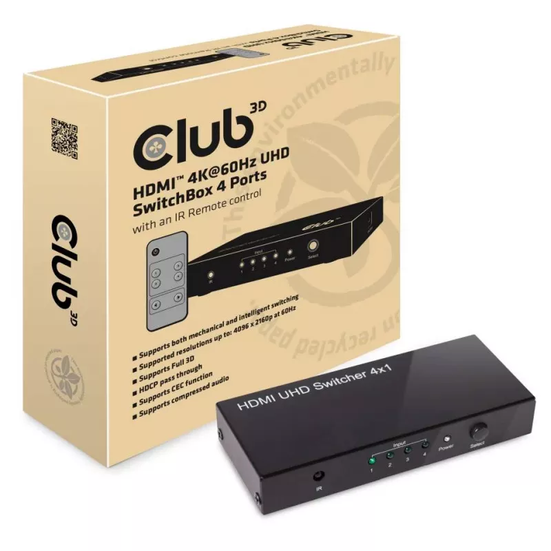 CLUB3D HDMI™ 2.0 UHD 4K60Hz SwitchBox 4 Porte con telecomando IR