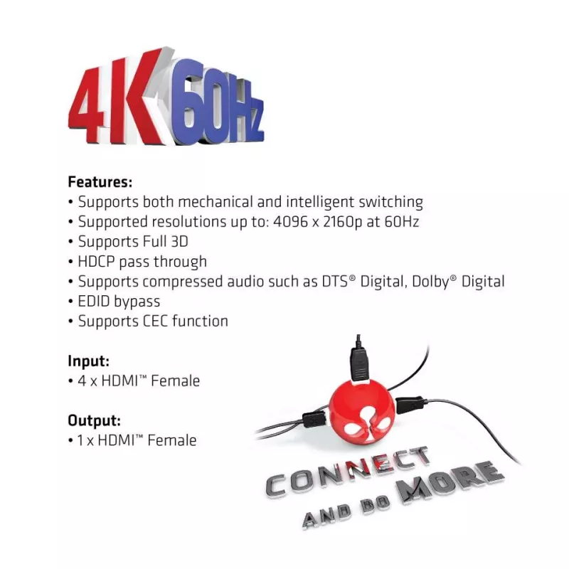CLUB3D HDMI™ 2.0 UHD 4K60Hz SwitchBox 4 Porte con telecomando IR
