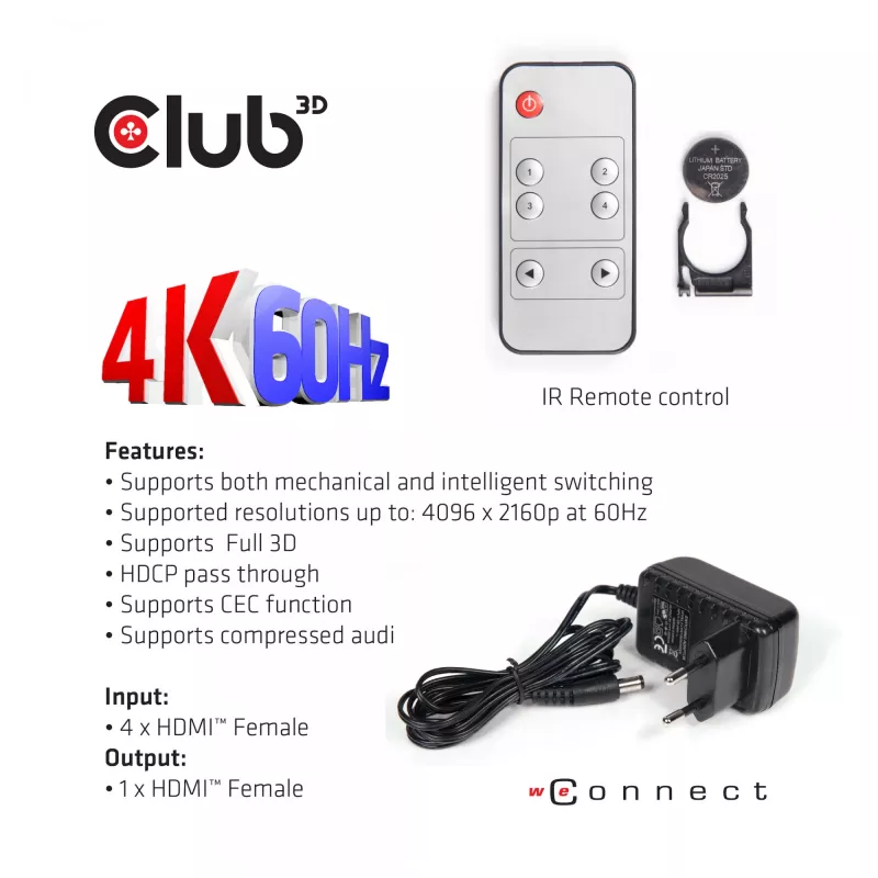 CLUB3D HDMI™ 2.0 UHD 4K60Hz SwitchBox 4 Porte con telecomando IR