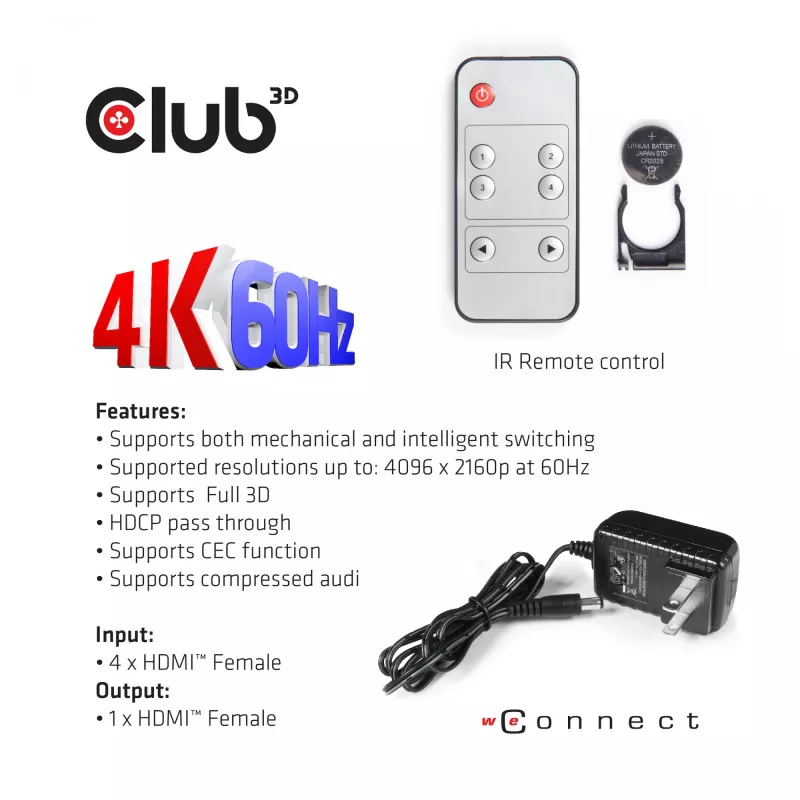 CLUB3D HDMI™ 2.0 UHD 4K60Hz SwitchBox 4 Porte con telecomando IR