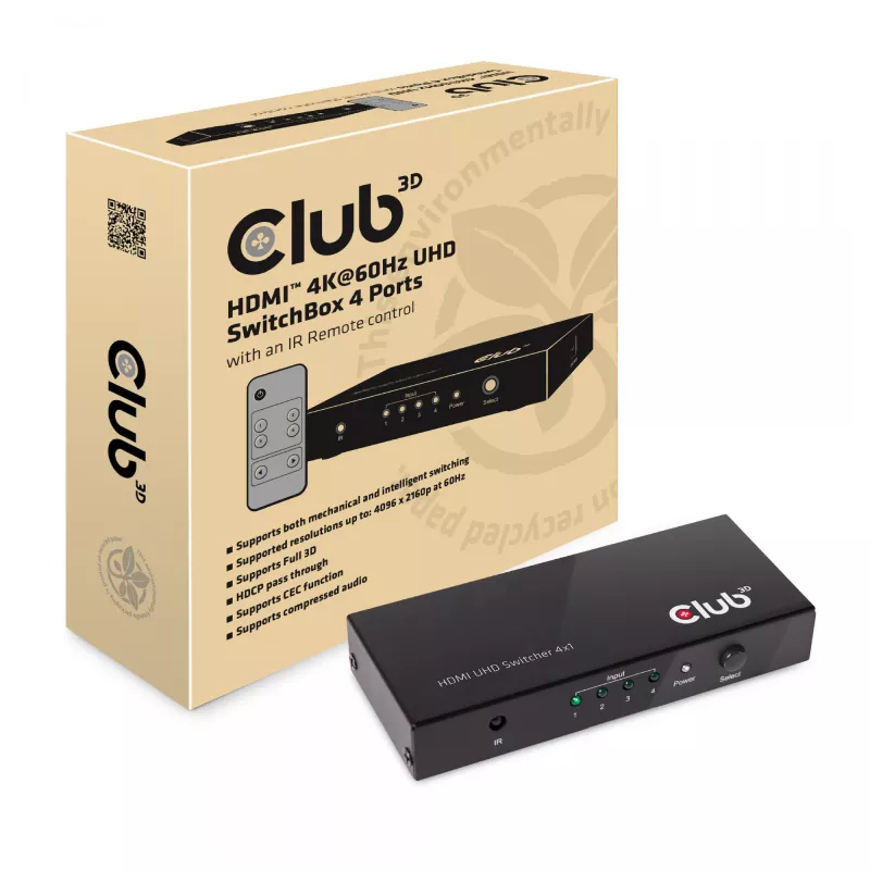 CLUB3D HDMI™ 2.0 UHD 4K60Hz SwitchBox 4 Porte con telecomando IR