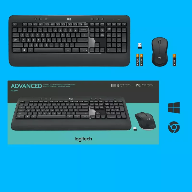 Set tastiera e mouse wireless Logitech MK540 Advanced – tastiera full-size QWERTZ, ricevitore USB, layout US, mouse ergonomico, nero/bianco