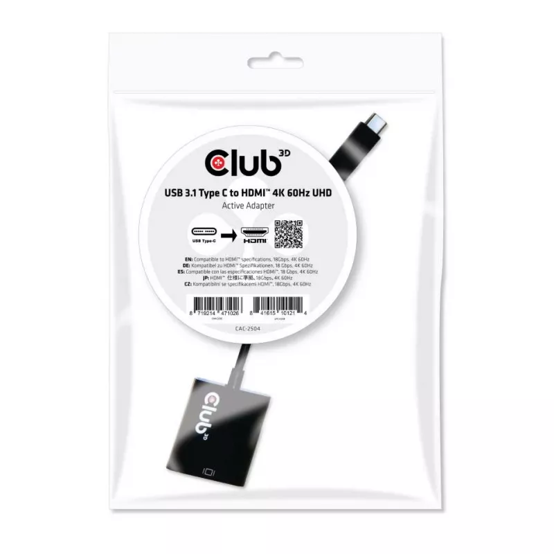 Adattatore attivo USB 3.1 Type C a HDMI 2.0 UHD 4K 60Hz CLUB3D CAC-2504