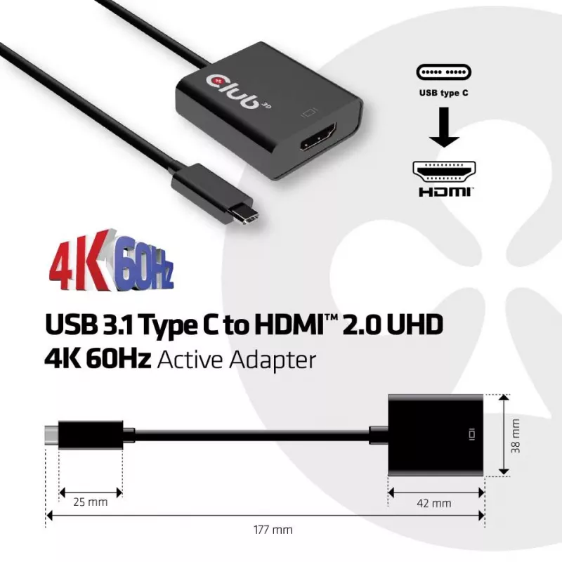 Adattatore attivo USB 3.1 Type C a HDMI 2.0 UHD 4K 60Hz CLUB3D CAC-2504