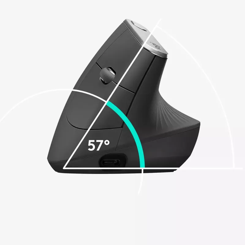 Mouse wireless ergonomico Logitech MX Vertical, MX Vertical, 4000 DPI, RF Wireless + Bluetooth, per destrimani, grafite, uso ufficio
