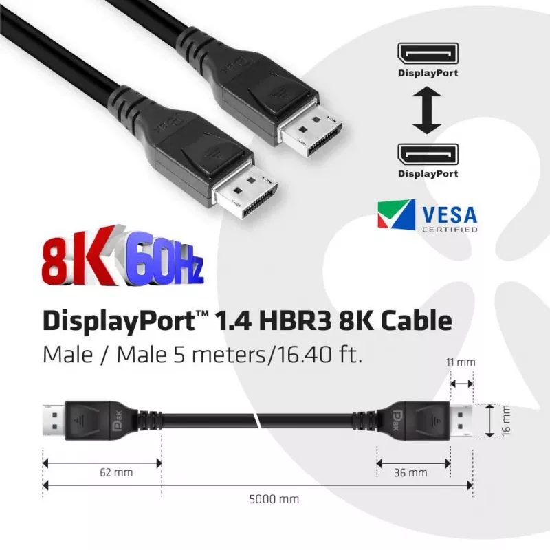 Club 3D CAC-1061 cavo DisplayPort 1.4 HBR3 8K 60 Hz, 32,4 Gbit/s, DSC 1.2, certificato VESA, con blocco, M/M, 5 m, nero