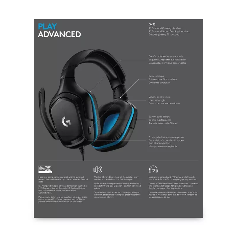 LOGITECH G432 - USB / 3.5mm - Headset gaming - 7.1 Surround - blu