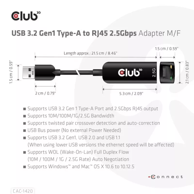 CLUB3D Adattatore USB 3.2 Gen1 Type-A a RJ45 2.5Gbps