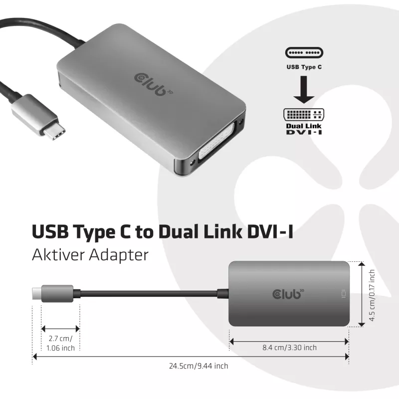 CLUB3D Adattatore attivo USB3.2 Gen1 Type-C a Dual Link DVI-D HDCP ON M/F