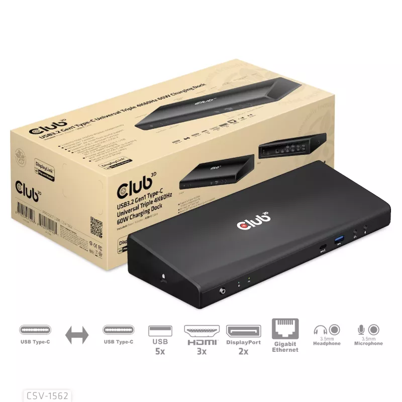 CLUB3D CSV-1562 è una docking station universale di ricarica USB3.2 Gen1 Type-C Triple 4K30Hz e certificata DisplayLink®. La docking station universale di ricarica