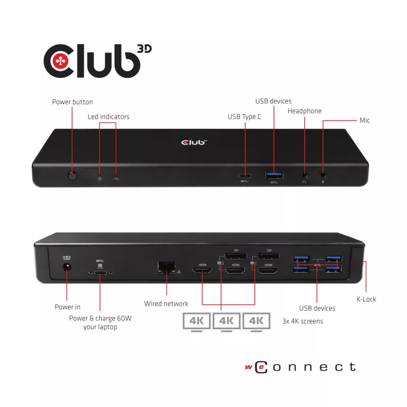CLUB3D CSV-1562 è una docking station universale di ricarica USB3.2 Gen1 Type-C Triple 4K30Hz e certificata DisplayLink®. La docking station universale di ricarica