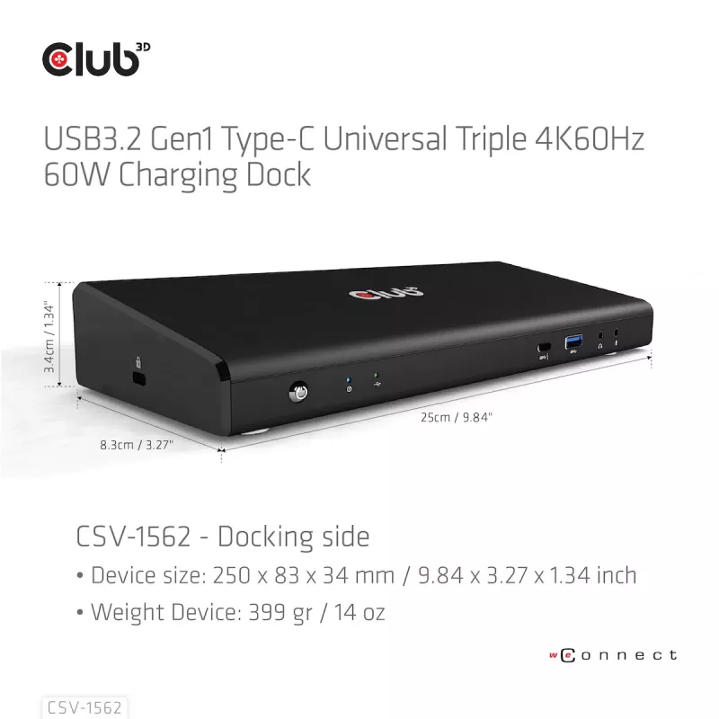 CLUB3D CSV-1562 è una docking station universale di ricarica USB3.2 Gen1 Type-C Triple 4K30Hz e certificata DisplayLink®. La docking station universale di ricarica