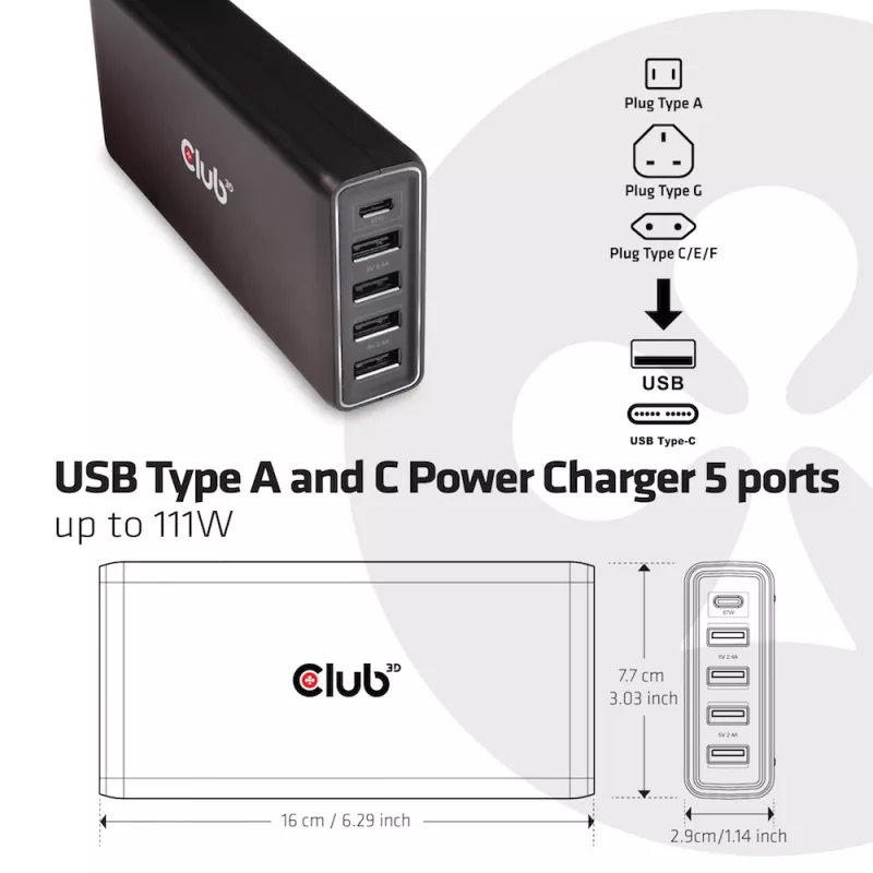 Caricatore CLUB3D USB Type A e C, 5 porte fino a 111 W
