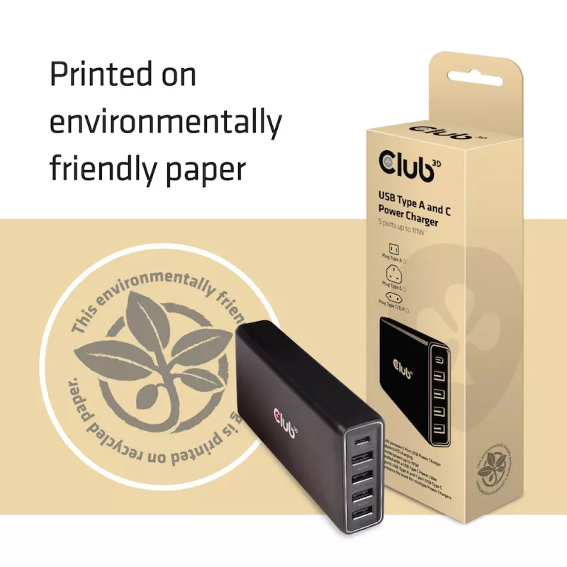 Caricatore CLUB3D USB Type A e C, 5 porte fino a 111 W