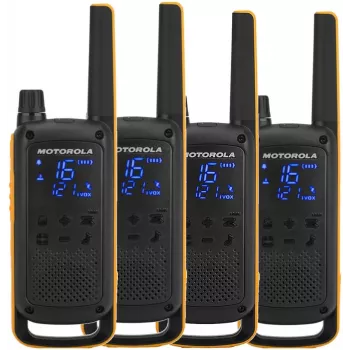 Ricetrasmettitore bidirezionale Motorola Talkabout T82 Extreme Quad Pack — 4× ricetrasmettitori PMR, 16 canali, IPX4, 500 mW, NiMH ricaricabile, Micro-USB