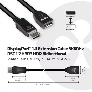 CLUB3D cavo di prolunga DisplayPort 1.4 8K60Hz DSC 1.2 HBR3 HDR bidirezionale M/F 3m/9.84ft