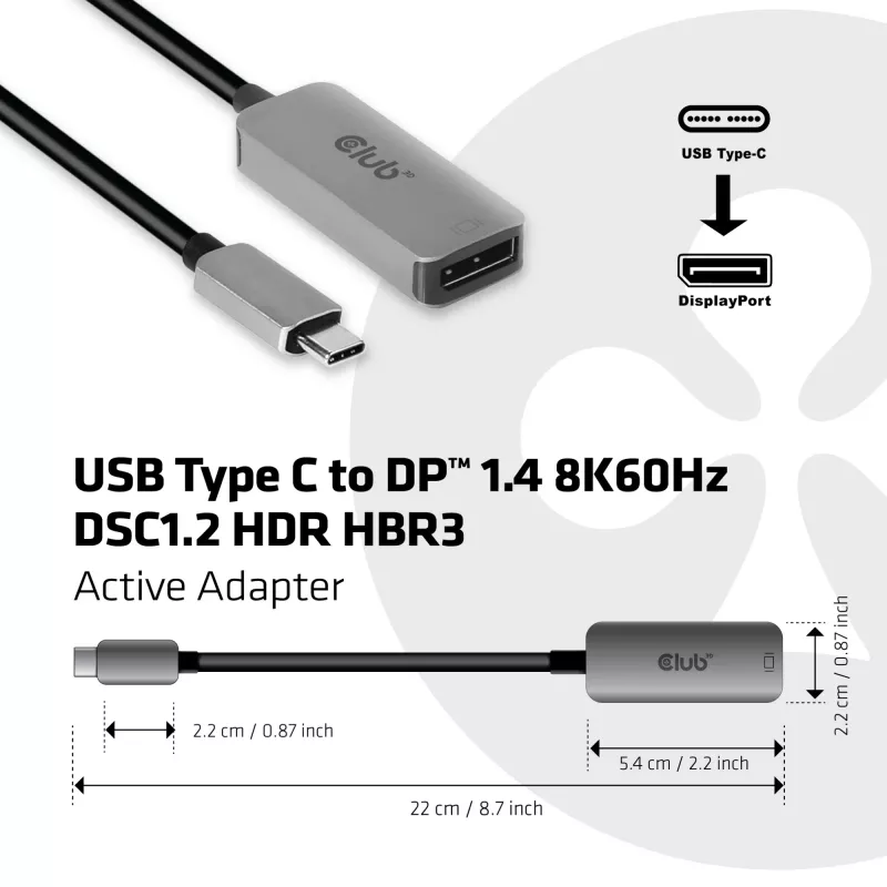 CLUB3D adattatore attivo USB Type-C a DisplayPort 1.4 8K60Hz HBR3