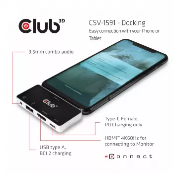CLUB3D hub USB Type-C 4-in-1 a HDMI™ 4K60Hz USB Type-C PD / USB Type-A / connessione audio