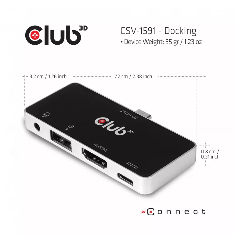 CLUB3D hub USB Type-C 4-in-1 a HDMI™ 4K60Hz USB Type-C PD / USB Type-A / connessione audio