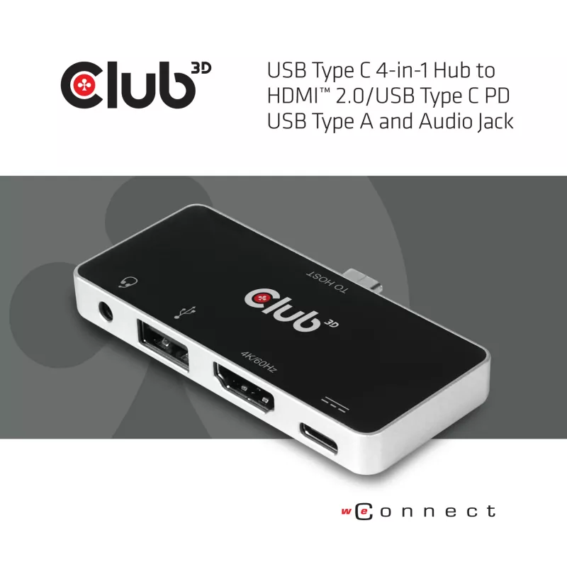 CLUB3D hub USB Type-C 4-in-1 a HDMI™ 4K60Hz USB Type-C PD / USB Type-A / connessione audio