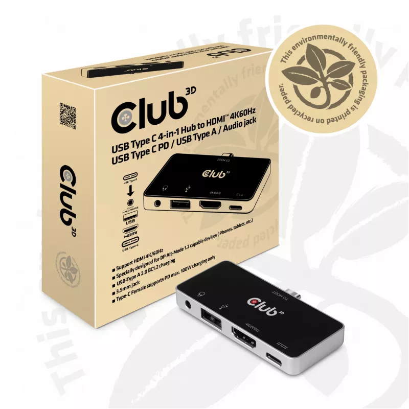 CLUB3D hub USB Type-C 4-in-1 a HDMI™ 4K60Hz USB Type-C PD / USB Type-A / connessione audio