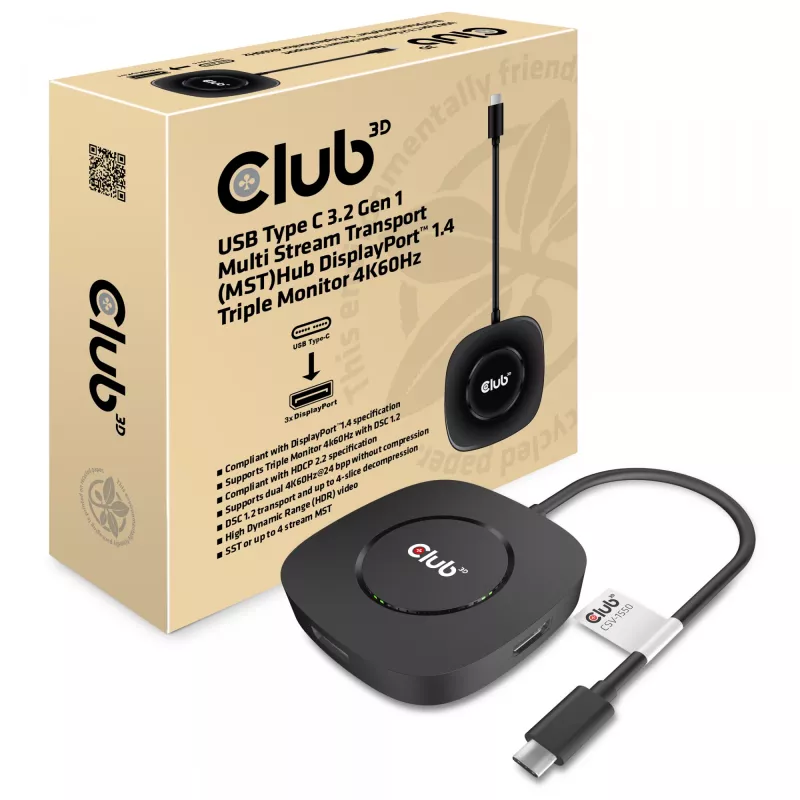 CLUB3D hub USB Type-C 3.2 Gen 1 Multi Stream Transport (MST) DisplayPort 1.4 triplo monitor