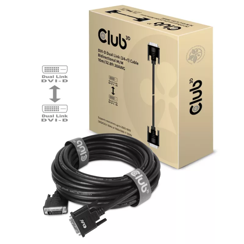 Club 3D CAC-1220 cavo DVI-D Dual Link (24+1) M/M, bidirezionale, 28AWG, contatti placcati in oro, 10 m (32,8 ft), nero