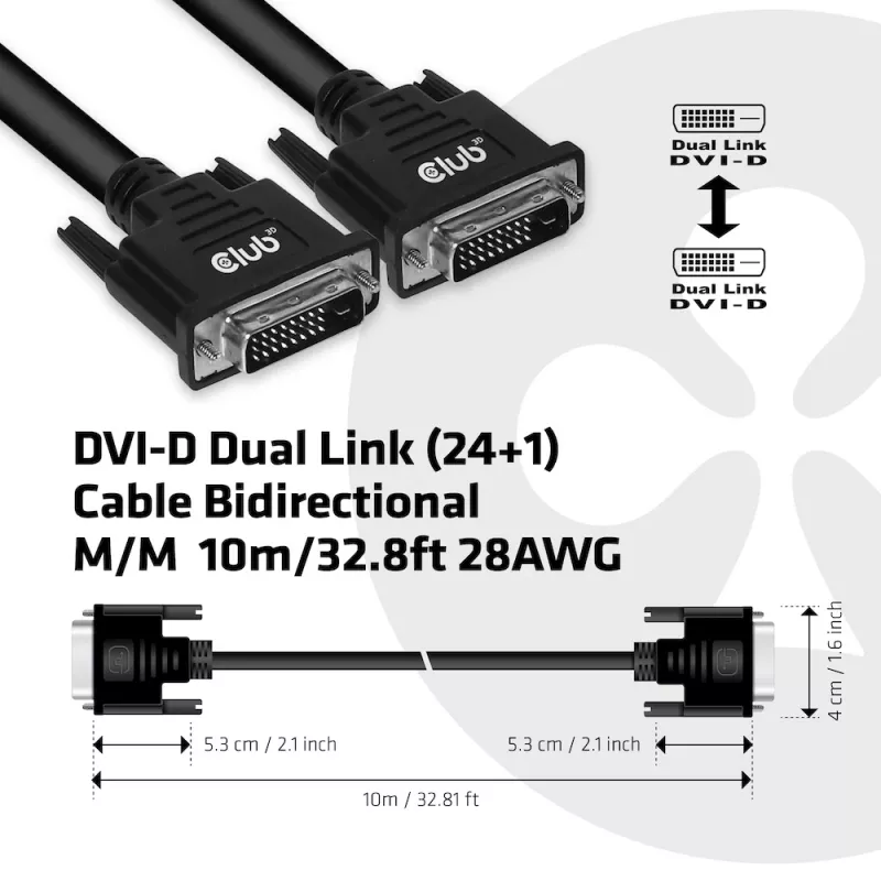 Club 3D CAC-1220 cavo DVI-D Dual Link (24+1) M/M, bidirezionale, 28AWG, contatti placcati in oro, 10 m (32,8 ft), nero