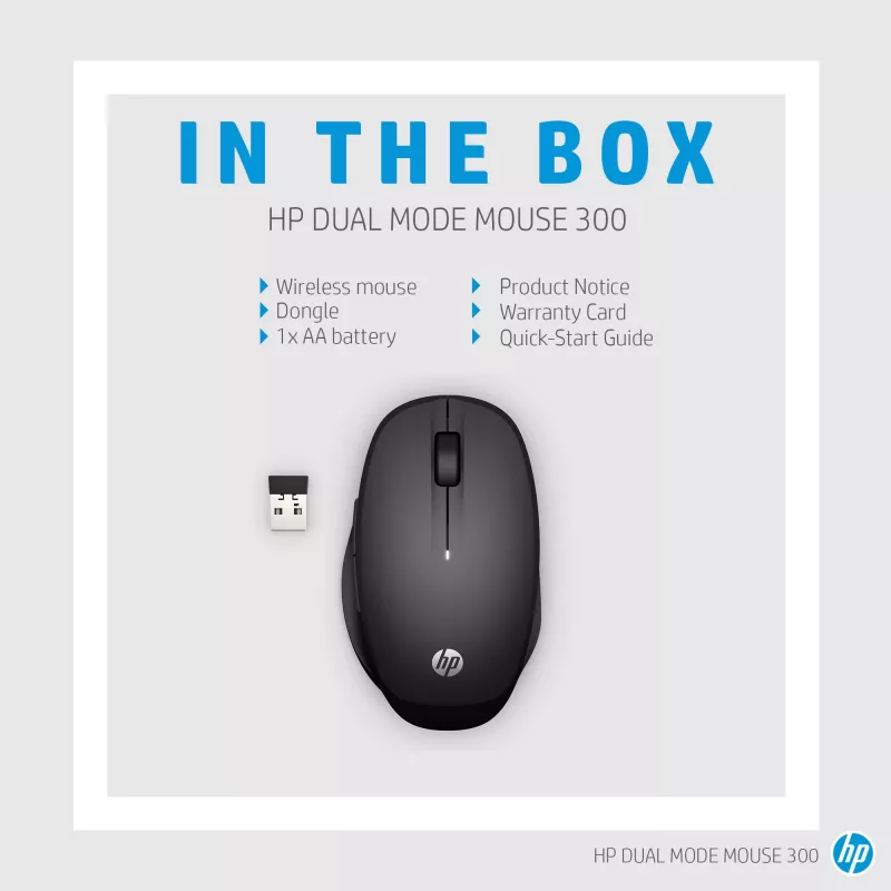 HP Dual Mode Black Mouse 300, per destrorsi, ottico, RF Wireless, 3600 DPI, nero