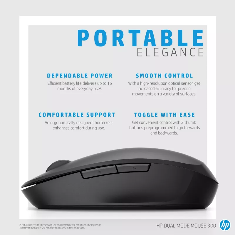 HP Dual Mode Black Mouse 300, per destrorsi, ottico, RF Wireless, 3600 DPI, nero