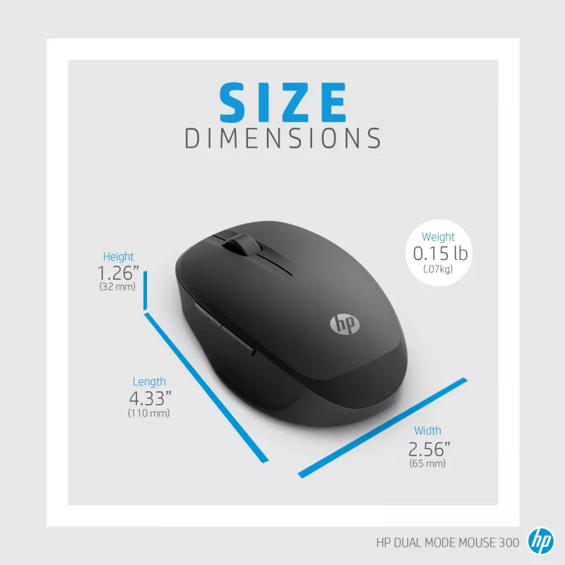 HP Dual Mode Black Mouse 300, per destrorsi, ottico, RF Wireless, 3600 DPI, nero