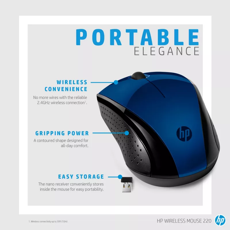 HP Mouse Wireless 220 (Lumiere Blue), ambidestro, RF Wireless, Blu