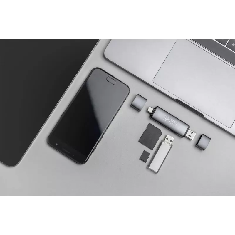 DIGITUS Combo Card Reader Hub (USB-C+USB 3.0) 1x SD, 1x MicroSD, 1x USB 3.0, grigio