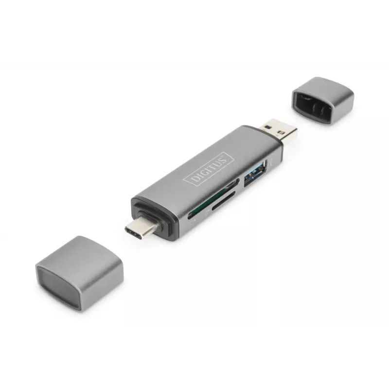 DIGITUS Combo Card Reader Hub (USB-C+USB 3.0) 1x SD, 1x MicroSD, 1x USB 3.0, grigio