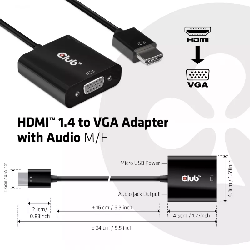 CLUB3D CAC-1302 Adattatore cavo video 0,5 m HDMI Type-A (standard) VGA (D-Sub) nero