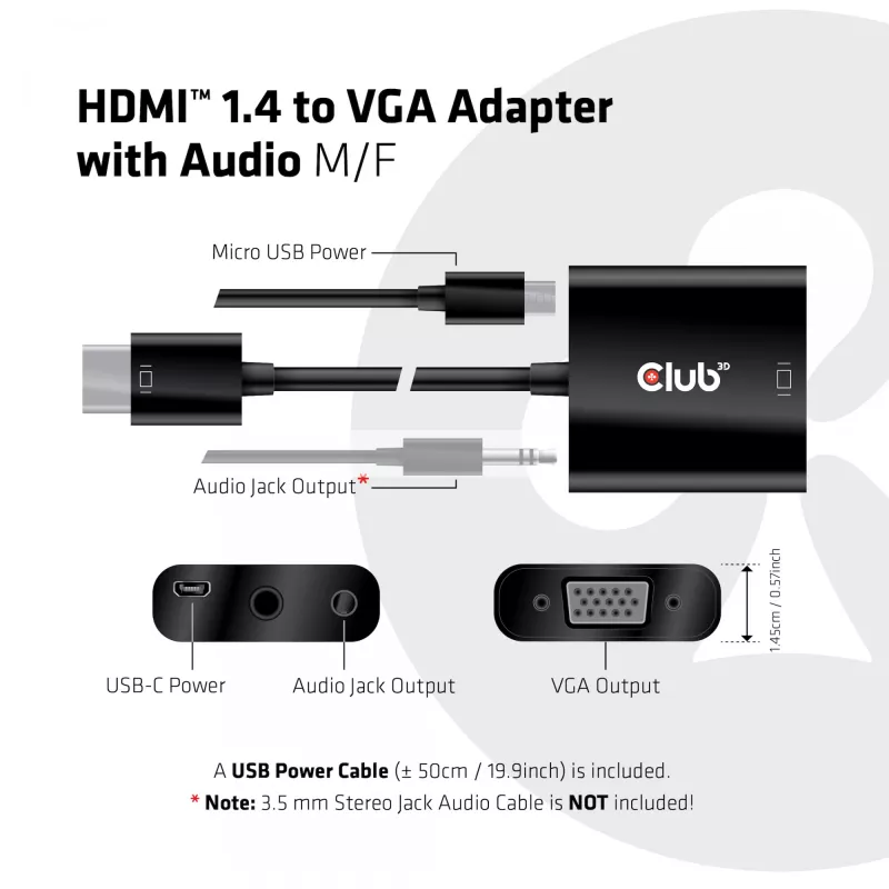 CLUB3D CAC-1302 Adattatore cavo video 0,5 m HDMI Type-A (standard) VGA (D-Sub) nero
