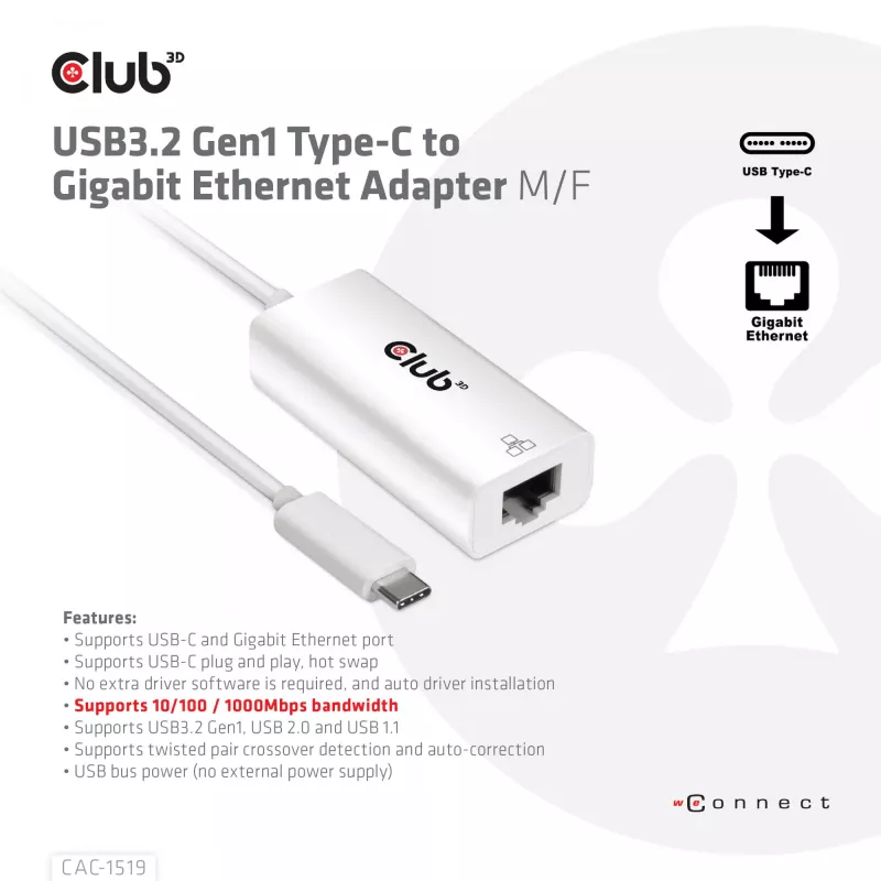 Adattatore USB3.2 Gen1 Type-C a Gigabit Ethernet CLUB3D CAC-1519